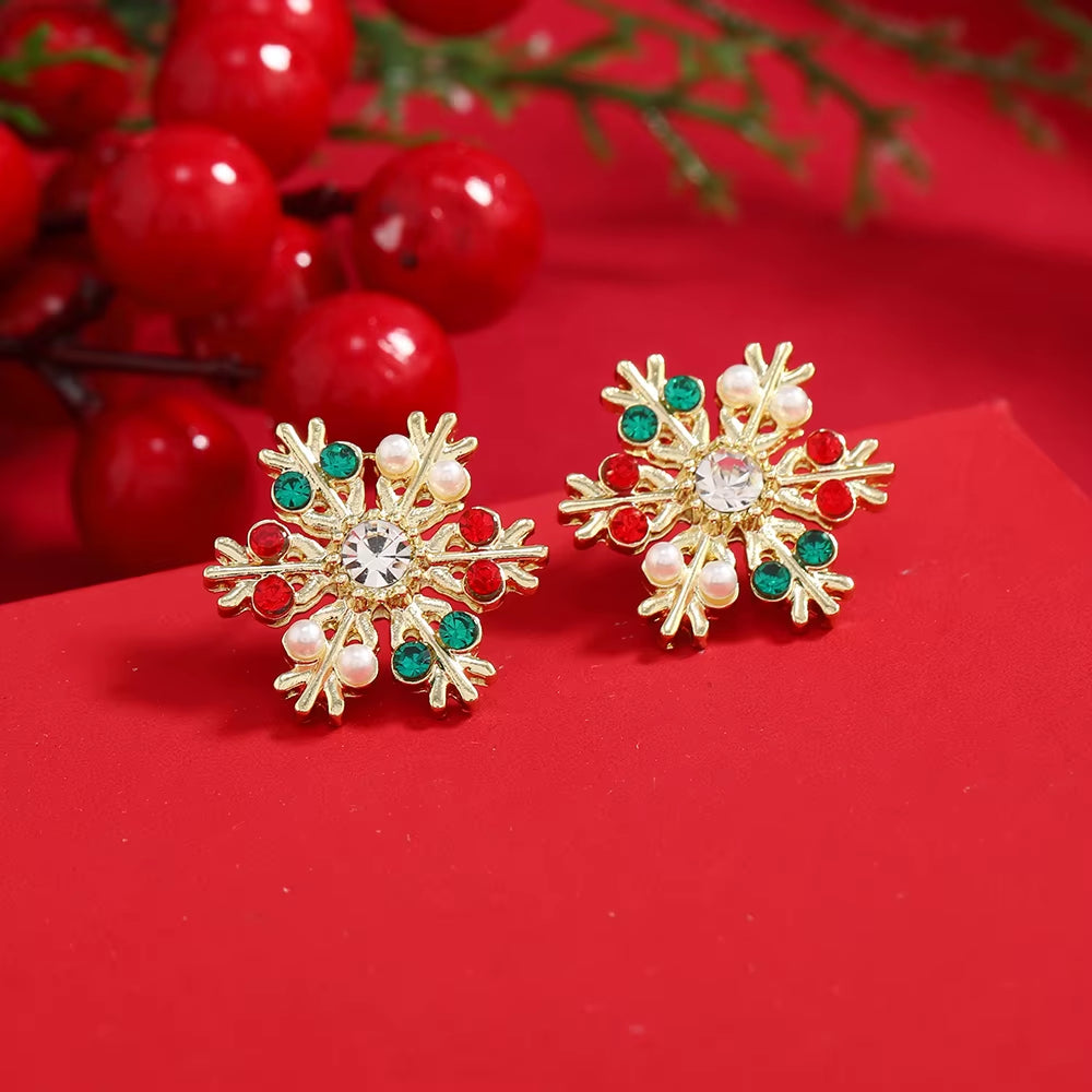 New Trendy Rhinestone Imitation Pearl Snowflake Bell Elk Christmas Hat Stud Earrings for Women Christmas Jewelry Accessories