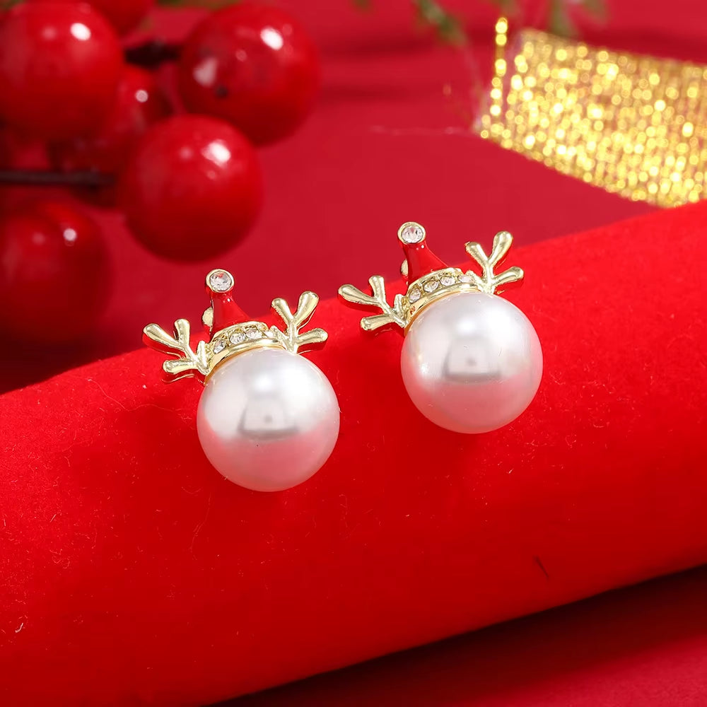 New Trendy Rhinestone Imitation Pearl Snowflake Bell Elk Christmas Hat Stud Earrings for Women Christmas Jewelry Accessories