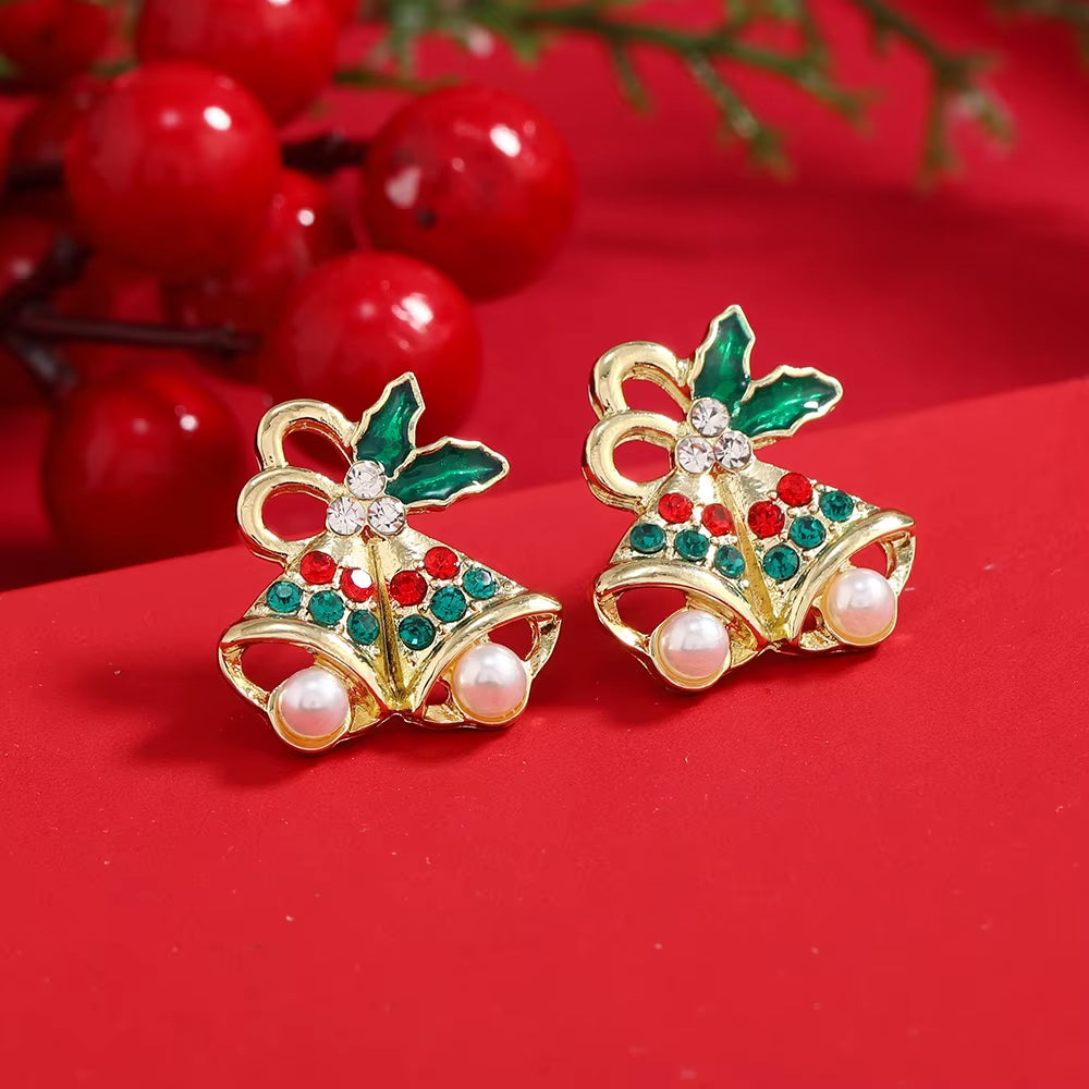 New Trendy Rhinestone Imitation Pearl Snowflake Bell Elk Christmas Hat Stud Earrings for Women Christmas Jewelry Accessories