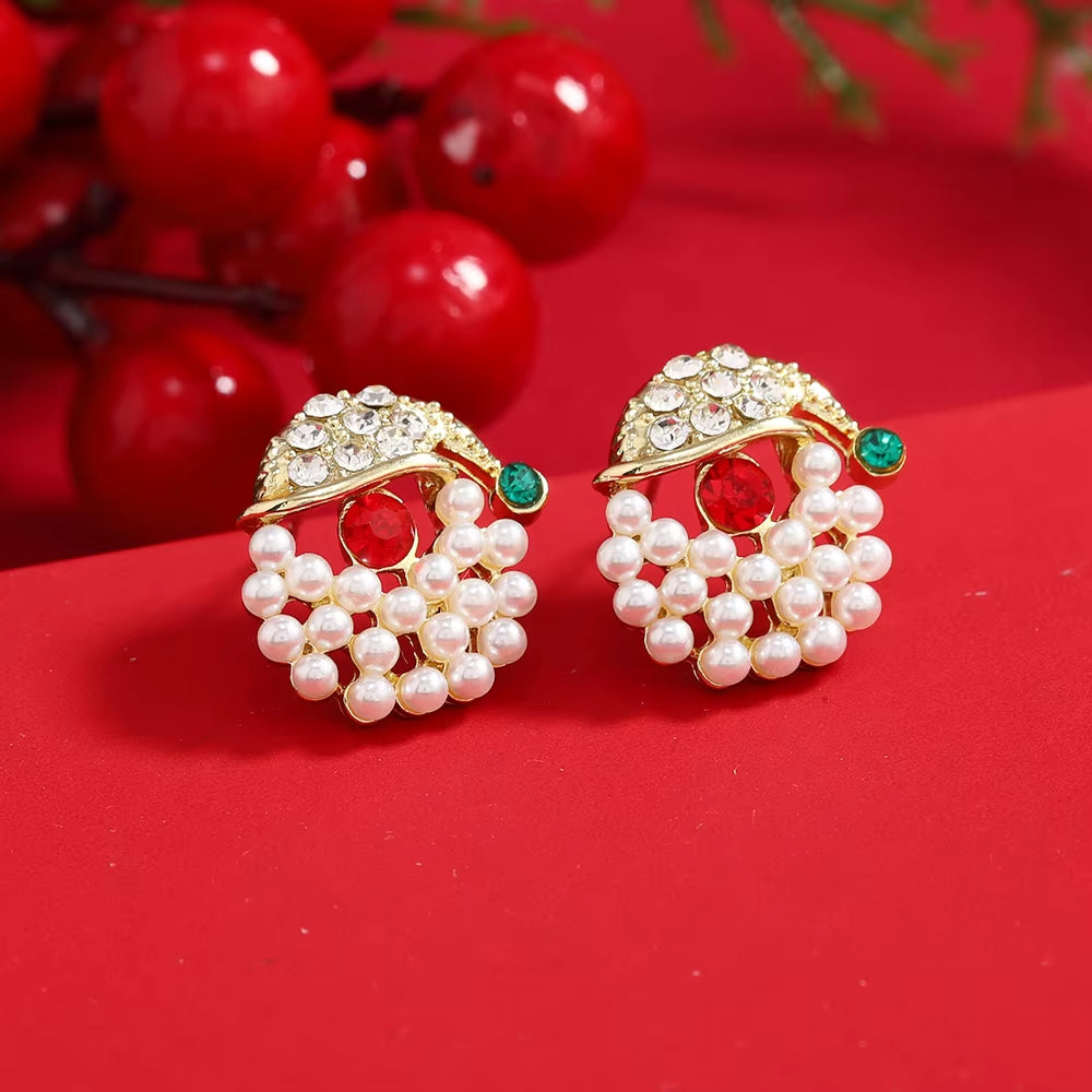New Trendy Rhinestone Imitation Pearl Snowflake Bell Elk Christmas Hat Stud Earrings for Women Christmas Jewelry Accessories