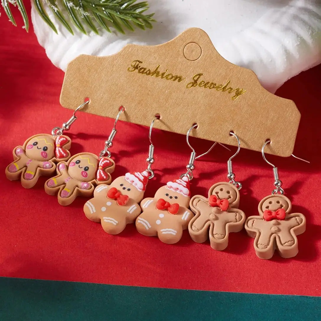 3 Pairs Cute Resin Stereoscopic Simulated Cookies Earrings for Women Christmas Gingerbread Dangle Earring New Year Jewelry Gifts