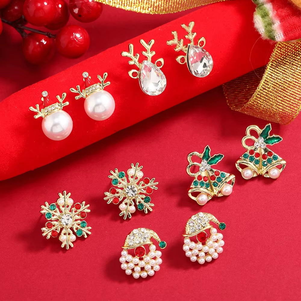 New Trendy Rhinestone Imitation Pearl Snowflake Bell Elk Christmas Hat Stud Earrings for Women Christmas Jewelry Accessories