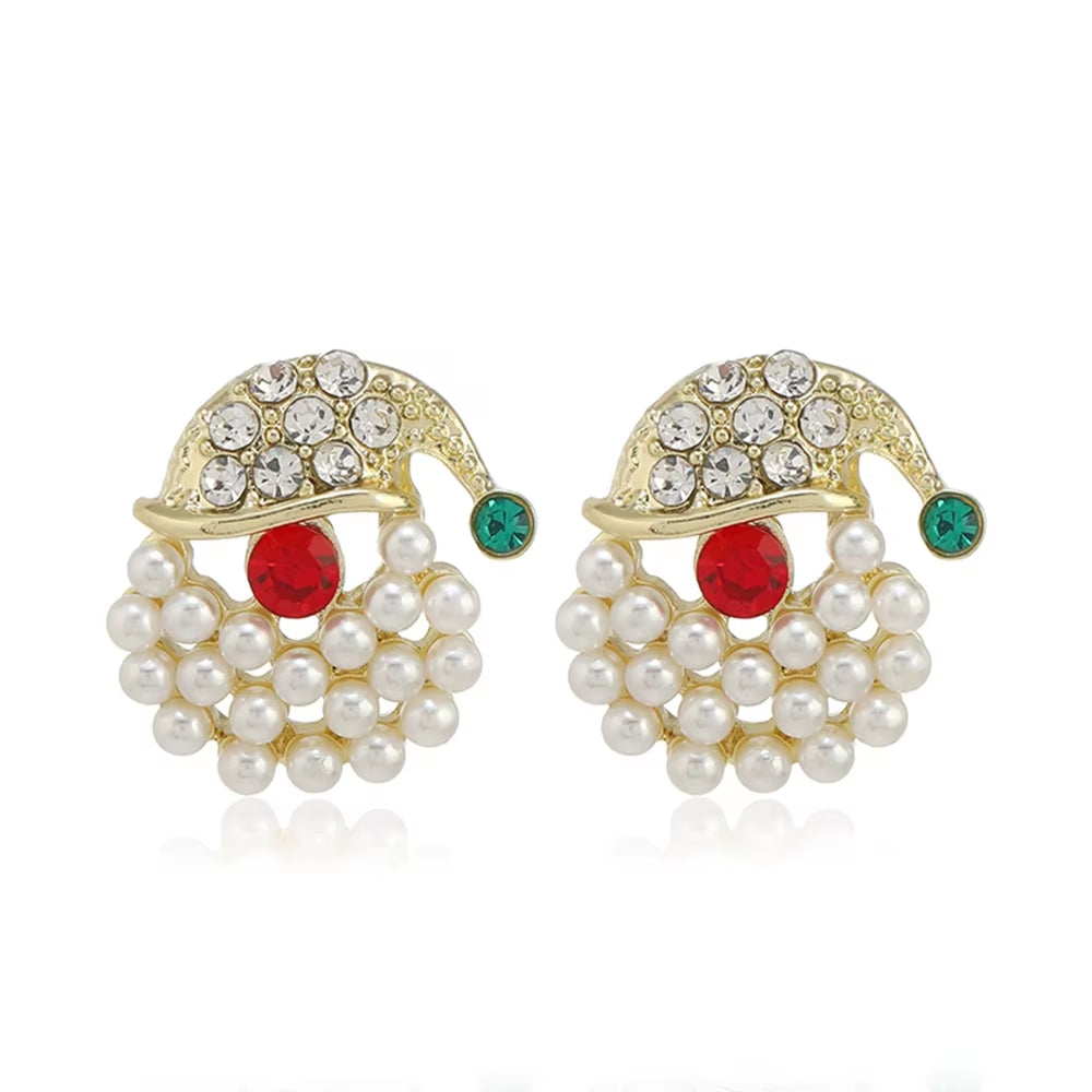 New Trendy Rhinestone Imitation Pearl Snowflake Bell Elk Christmas Hat Stud Earrings for Women Christmas Jewelry Accessories