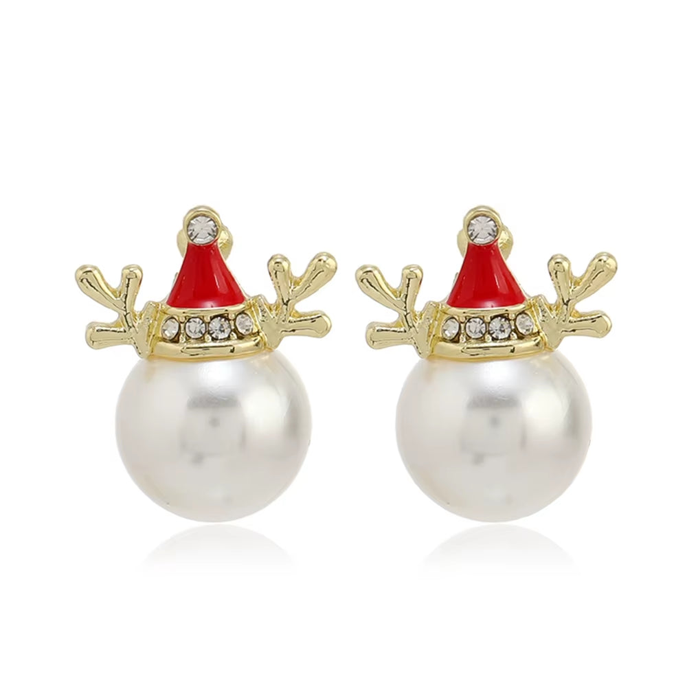 New Trendy Rhinestone Imitation Pearl Snowflake Bell Elk Christmas Hat Stud Earrings for Women Christmas Jewelry Accessories